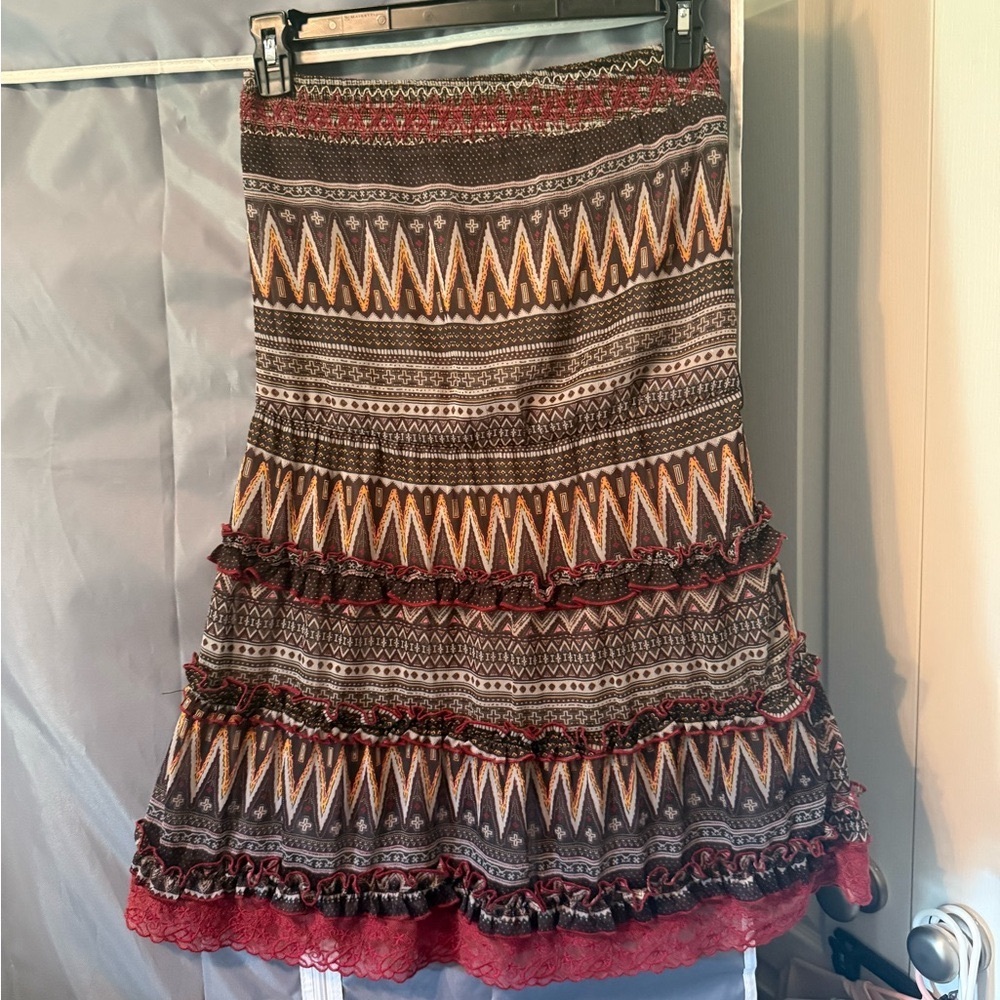 Lulumari Brown, Maroon, Black and Cream Strapless Mini Dress